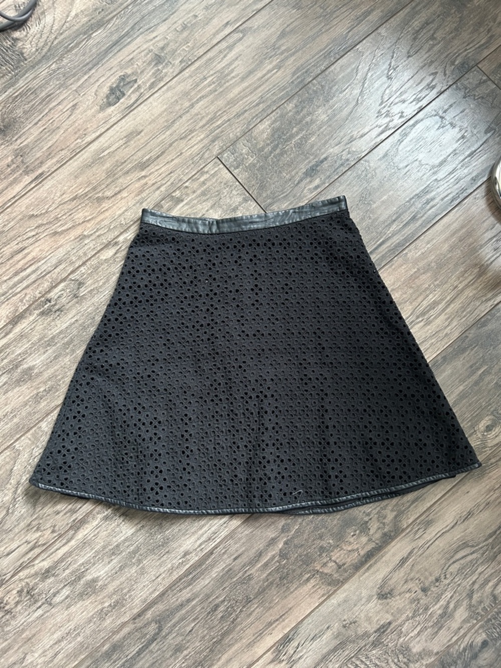 Ann Taylor Black Eyelet A-Line Skirt with Faux Leather Trim